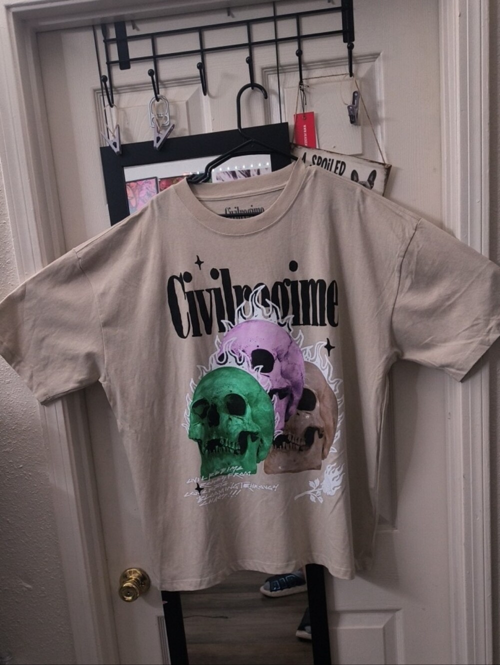 Civil Regime Men's Short Sleeve Graphic Tee - Beige with Multicolor Skulls